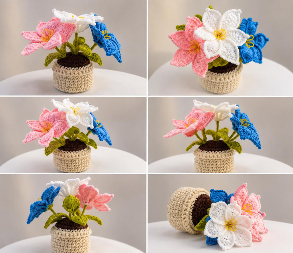 Handmade Crochet Flower Pot, Colourful Everlasting Floral Decor, Home Desk Accent