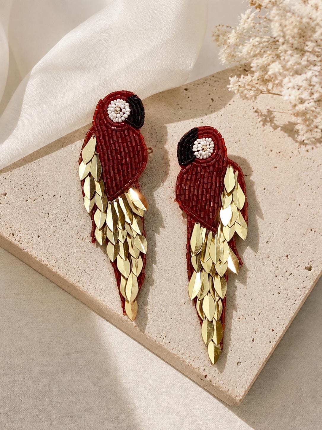 Handmade Beaded Parrot Earrings | Tropical Seed Bead Statement Jewelry