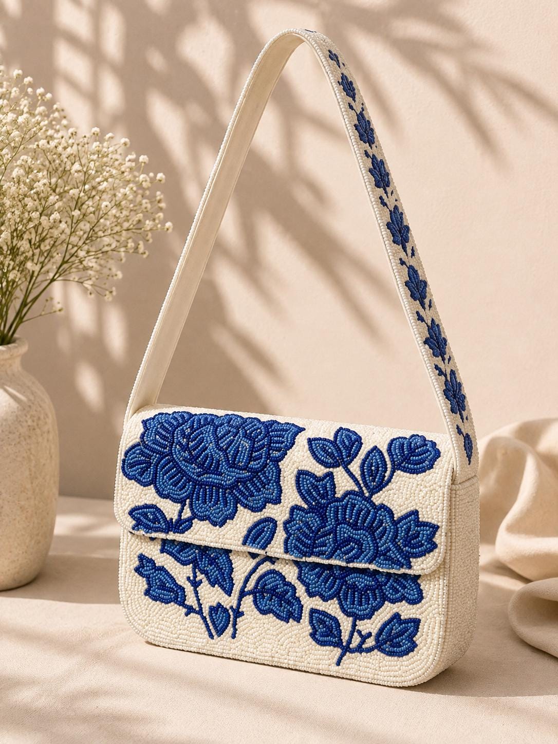 Handmade Blue Floral Beaded Shoulder Bag – Ivory Statement Purse, Artisan Accessory