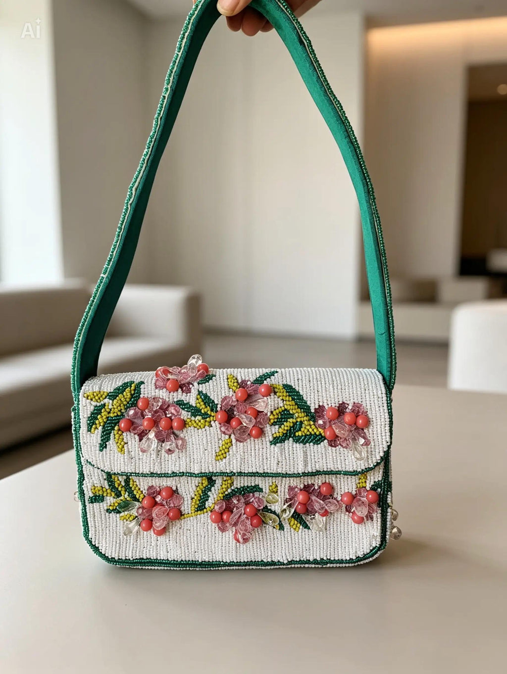 Handmade White Seed Bead Floral Bag, Pink Crystal Flower Shoulder Handbag