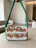Handmade White Seed Bead Floral Bag, Pink Crystal Flower Shoulder Handbag