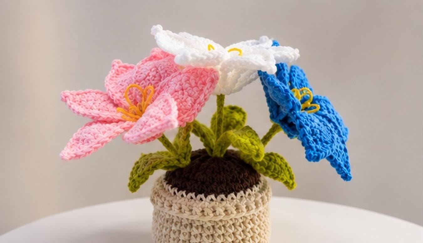 Handmade Crochet Flower Pot, Colourful Everlasting Floral Decor, Home Desk Accent