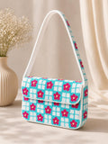 Handmade Beaded Shoulder Bag, Turquoise Checkered Floral Purse, Pink Flower Handbag
