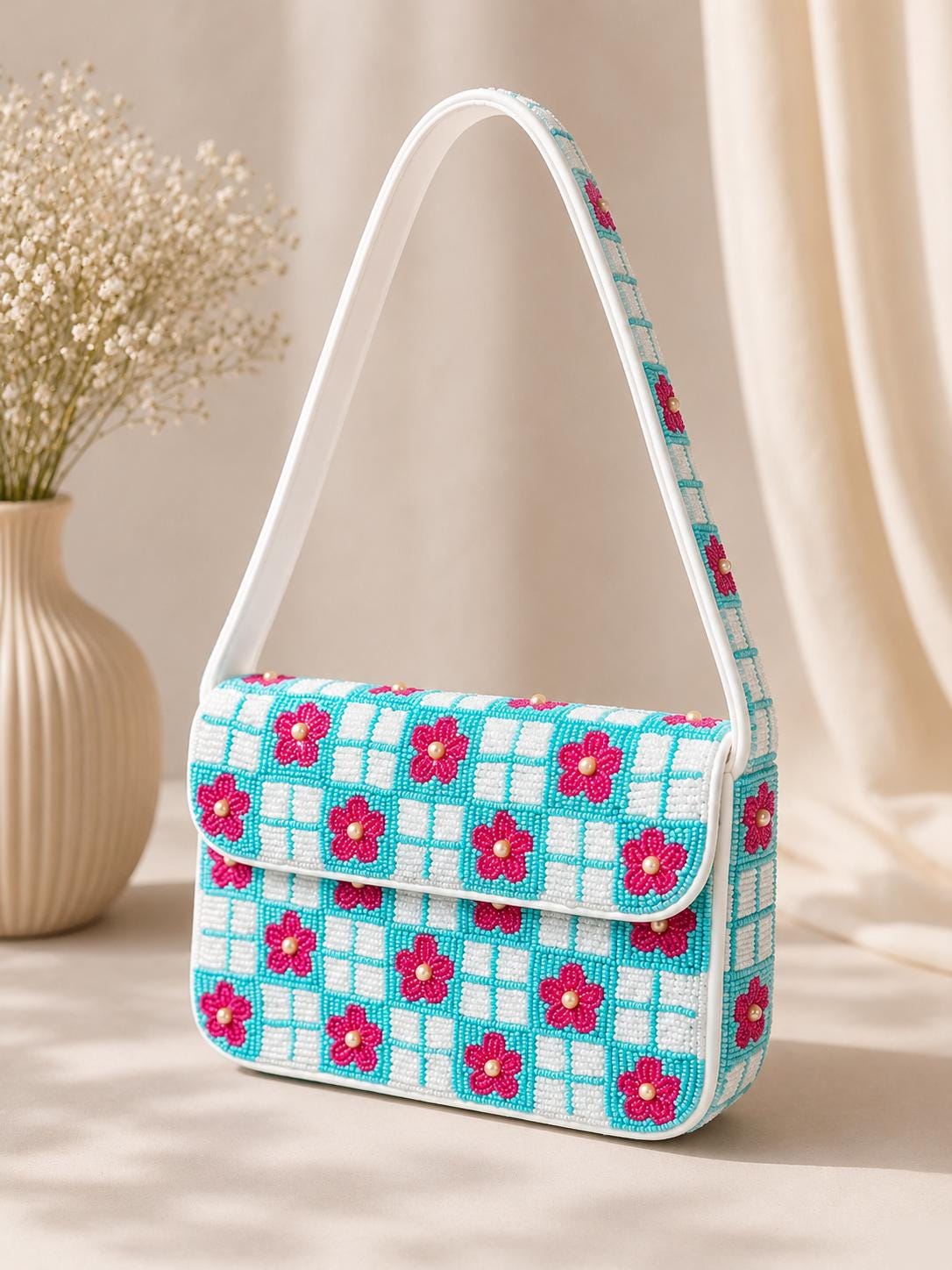 Handmade Beaded Shoulder Bag, Turquoise Checkered Floral Purse, Pink Flower Handbag
