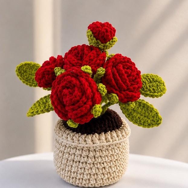 Crocheted Rose Flower Pot Arrangement, Everlasting Floral Home Decor