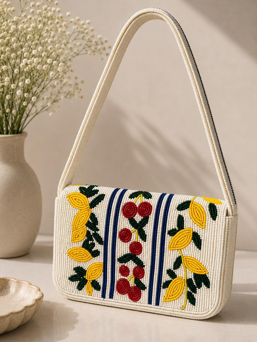 White Beaded Shoulder Bag | Floral Cherry Seed Bead Handbag | Artisan Evening Purse