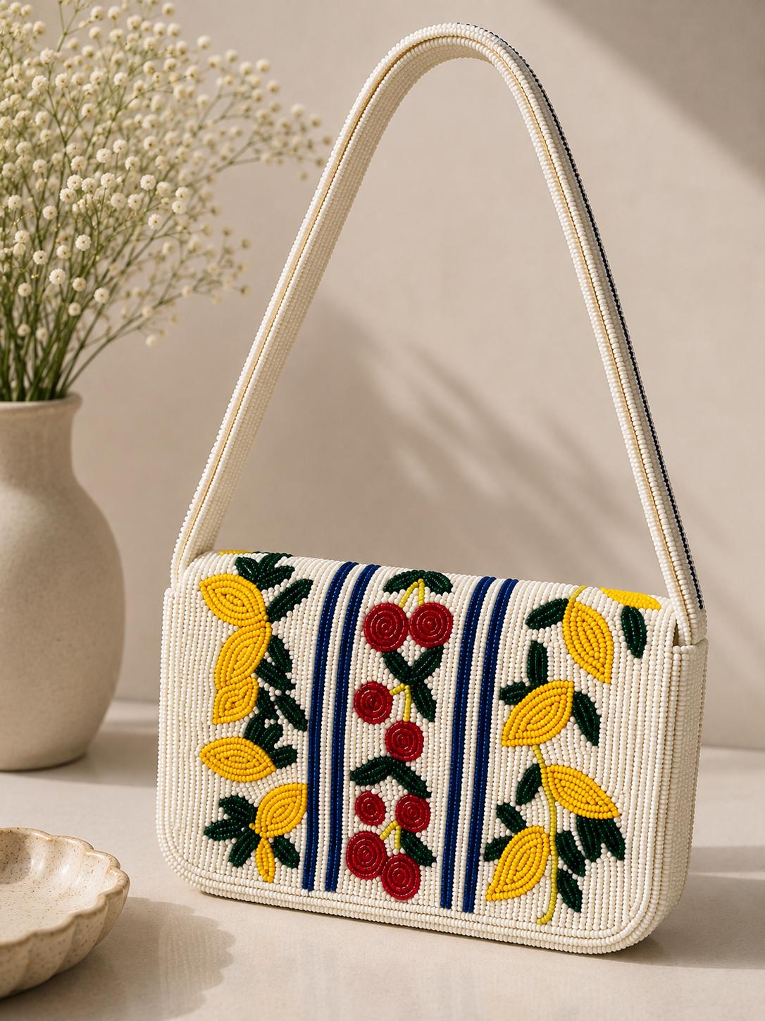 White Beaded Shoulder Bag | Floral Cherry Seed Bead Handbag | Artisan Evening Purse