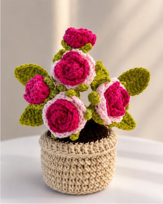 Crocheted Rose Flower Pot Arrangement, Everlasting Floral Home Decor