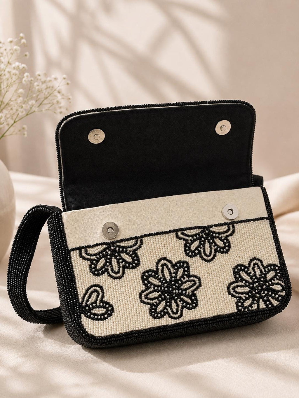 Handmade Black Ivory Floral Beaded Shoulder Bag – Elegant Evening Purse