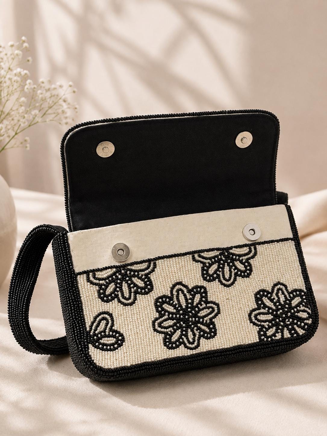 Handmade Black Ivory Floral Beaded Shoulder Bag – Elegant Evening Purse