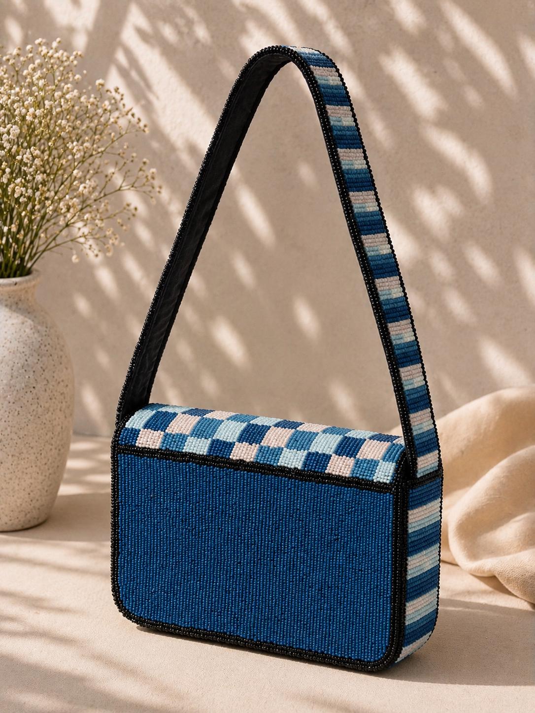 Handmade Beaded Dog Shoulder Bag – Blue Checkered Puppy Purse Statement Accessory