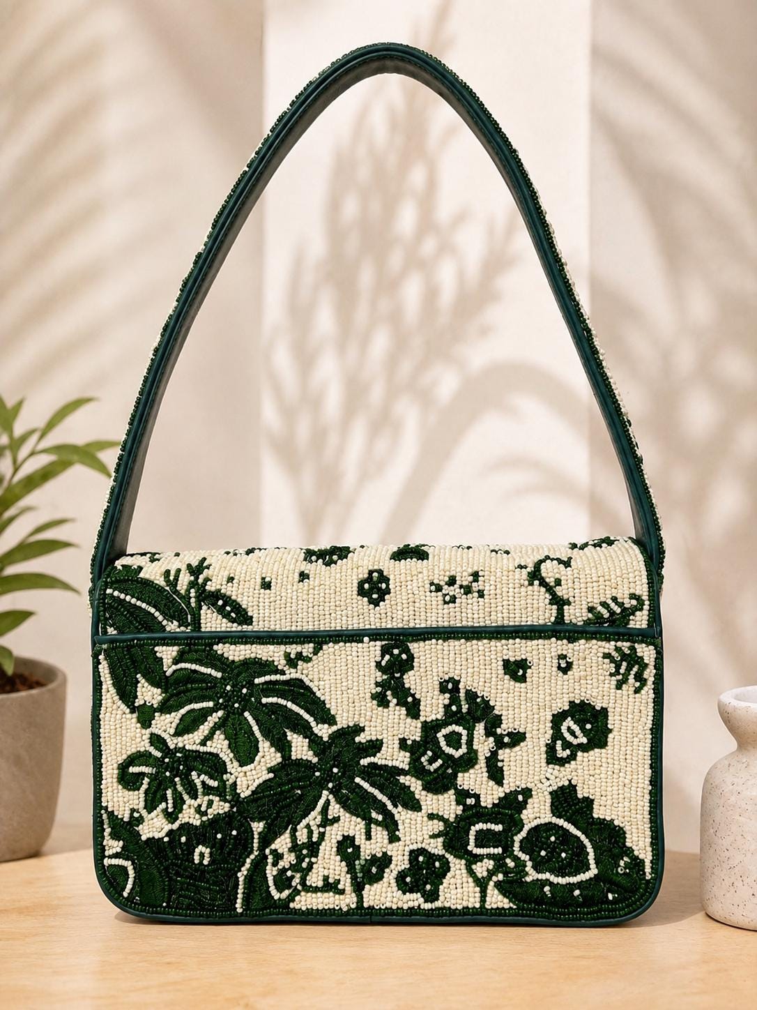 Handmade Beaded Shoulder Bag – Green Ivory Floral Botanical Statement Purse