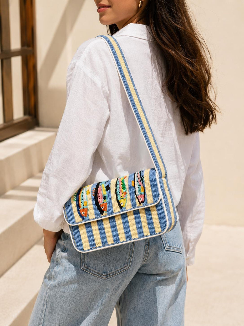 Handmade Beaded Fish Shoulder Bag | Blue Stripe Coastal Handbag, Ocean-Inspired Purse