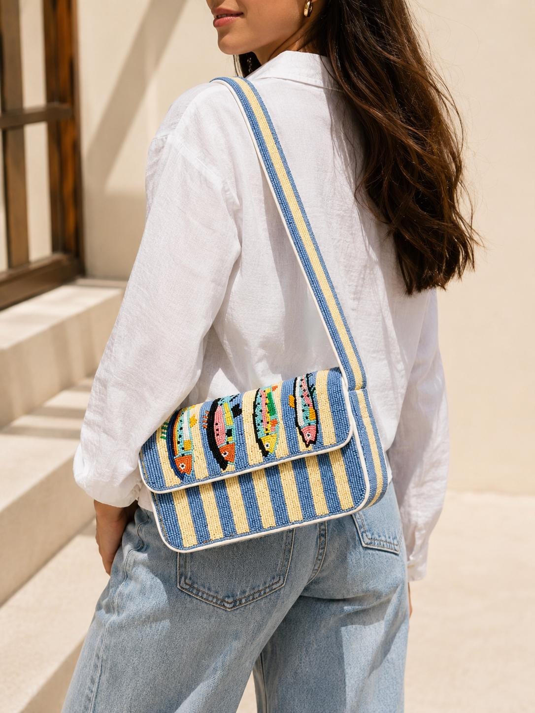 Handmade Beaded Fish Shoulder Bag | Blue Stripe Coastal Handbag, Ocean-Inspired Purse