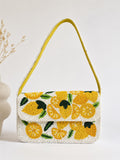 Handmade Lemon Beaded Shoulder Bag | Citrus Fruit Purse | White Seed Bead Handbag