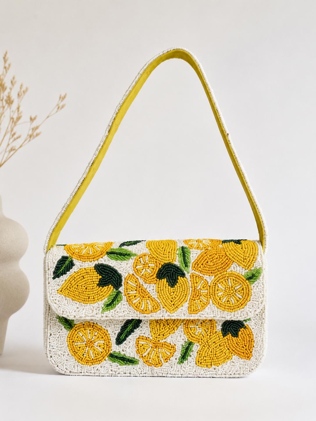 Handmade Lemon Beaded Shoulder Bag | Citrus Fruit Purse | White Seed Bead Handbag