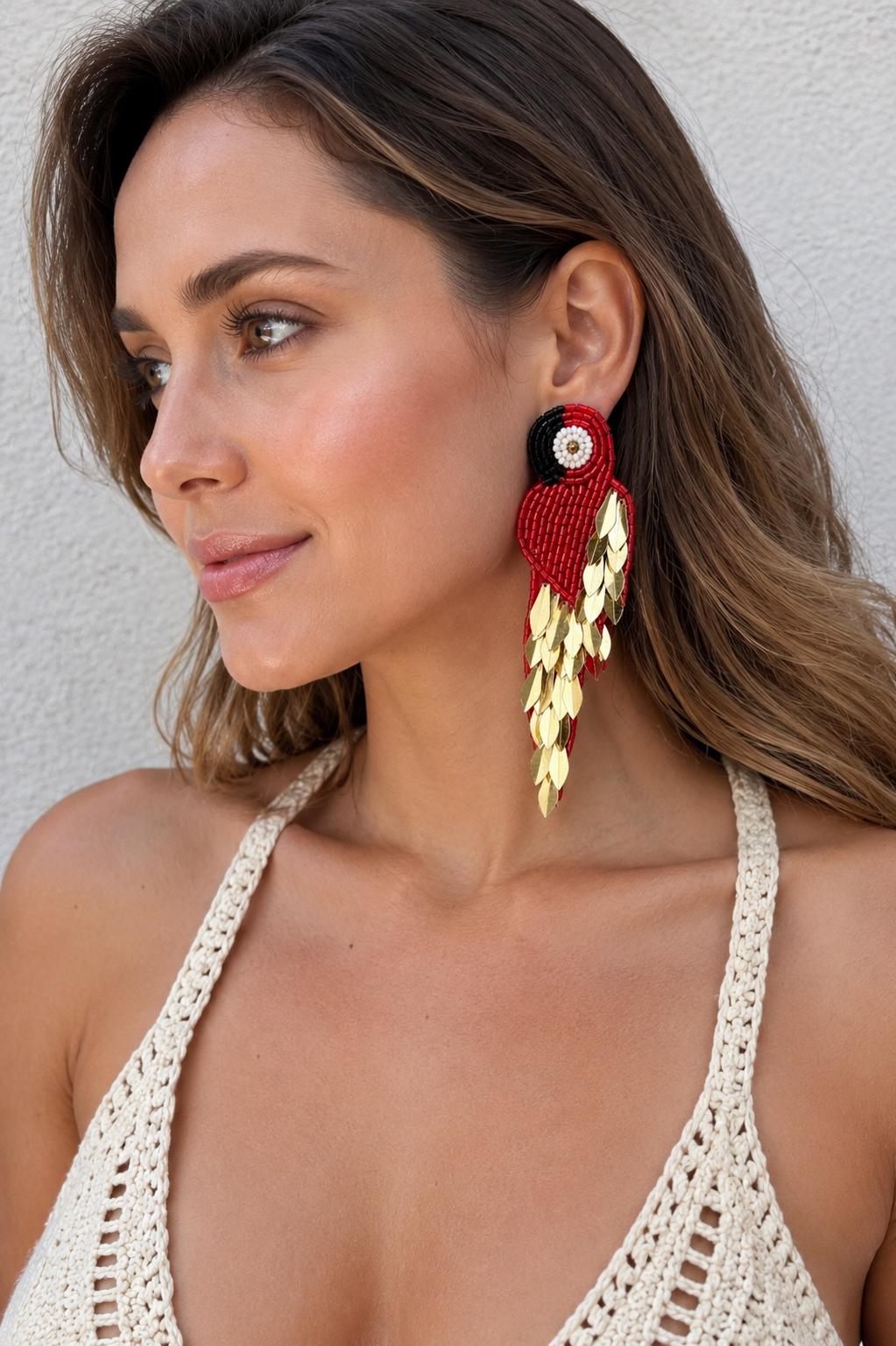 Handmade Beaded Parrot Earrings | Tropical Seed Bead Statement Jewelry