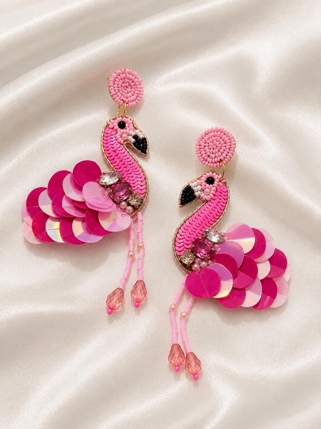 Handmade Beaded Flamingo Statement Earrings | Colorful Sequin Tropical Bird Jewelry