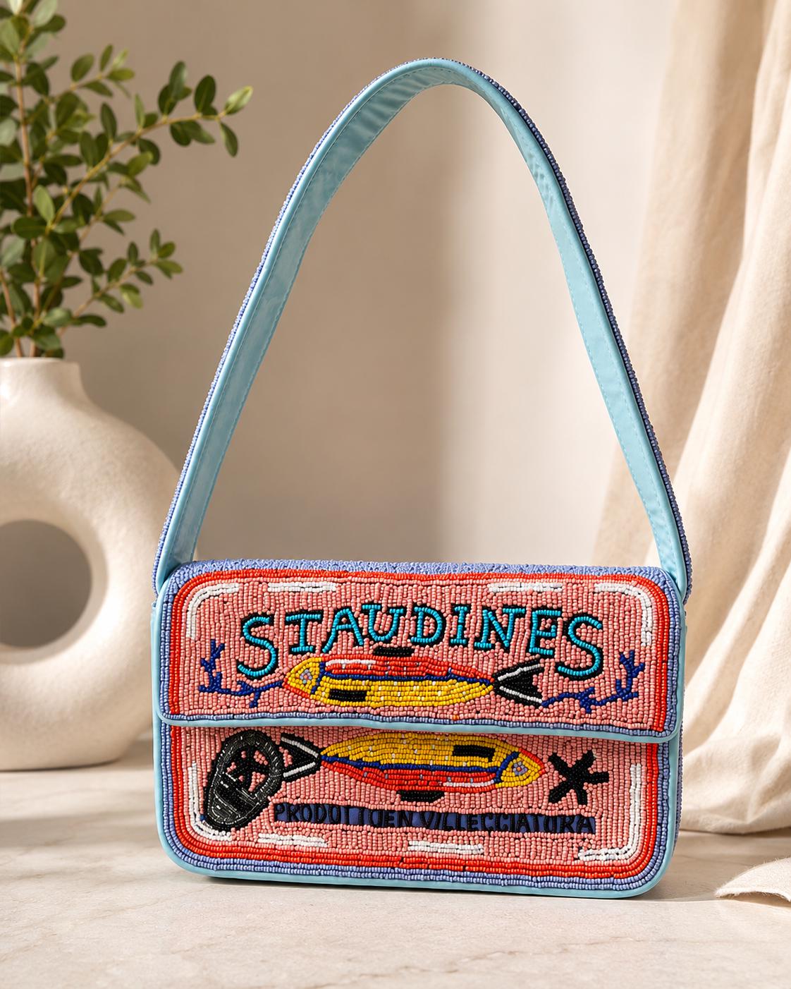 Handmade Beaded Sardines Shoulder Bag | Coastal Statement Purse, Artisan Beadwork Handbag