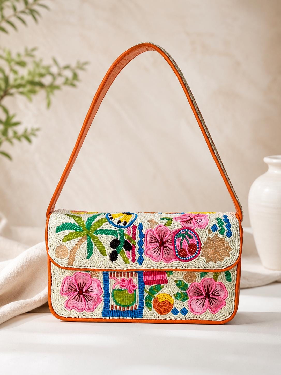 Handmade Floral Beaded Shoulder Bag | Colorful Artisan Statement Purse | Boho Style Handbag