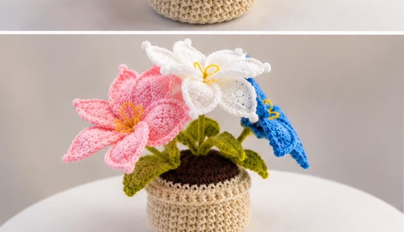 Handmade Crochet Flower Pot, Colourful Everlasting Floral Decor, Home Desk Accent