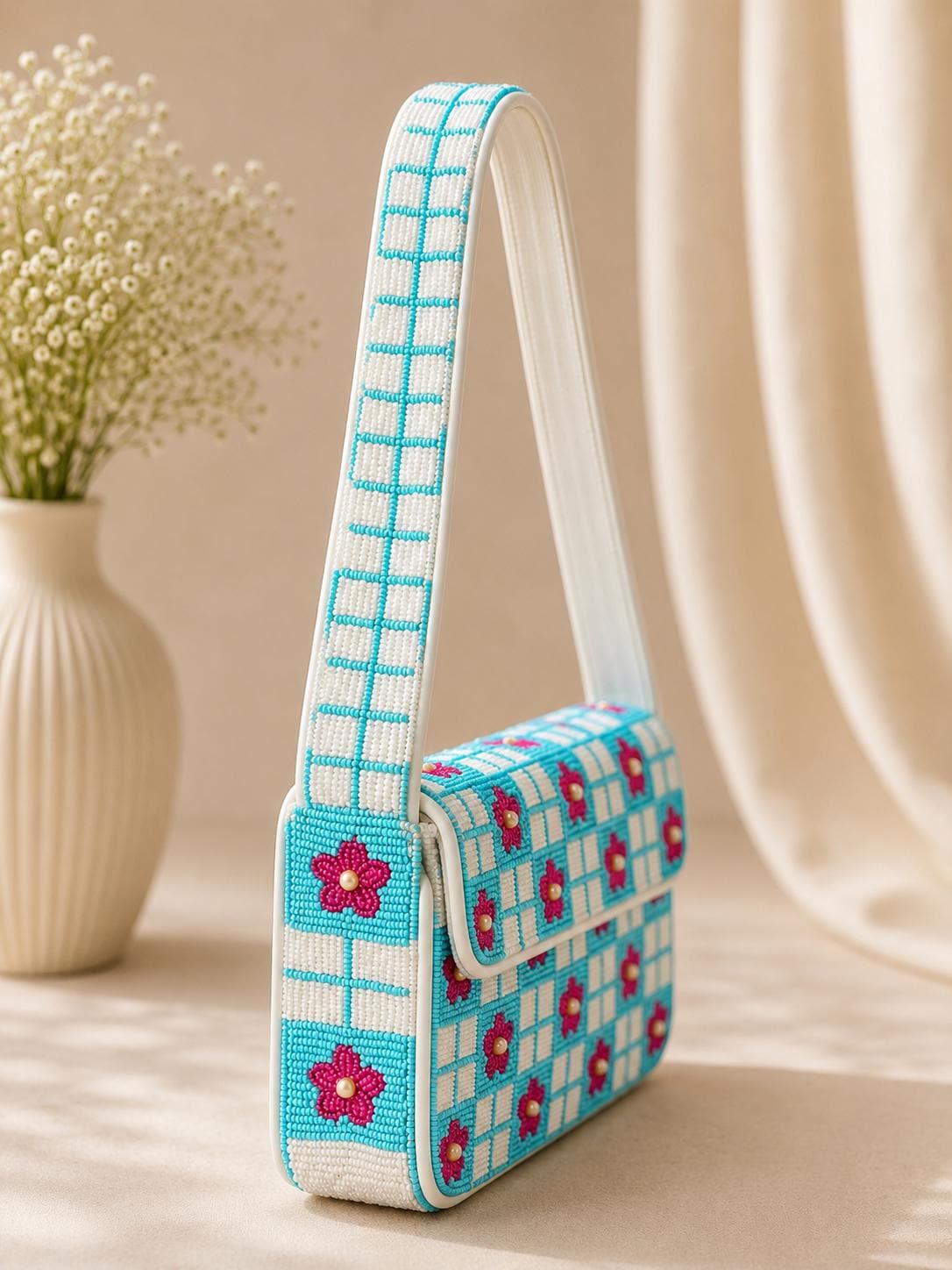 Handmade Beaded Shoulder Bag, Turquoise Checkered Floral Purse, Pink Flower Handbag