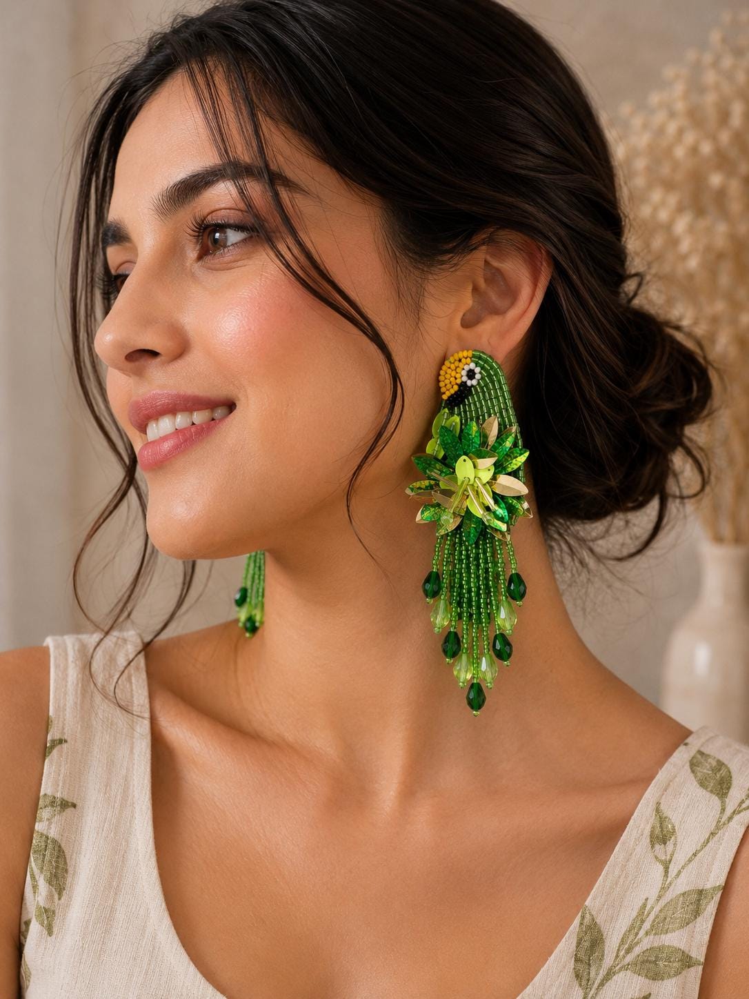 Handmade Beaded Parrot Earrings, Colourful Floral Boho Statement Jewellery, sequin earrings