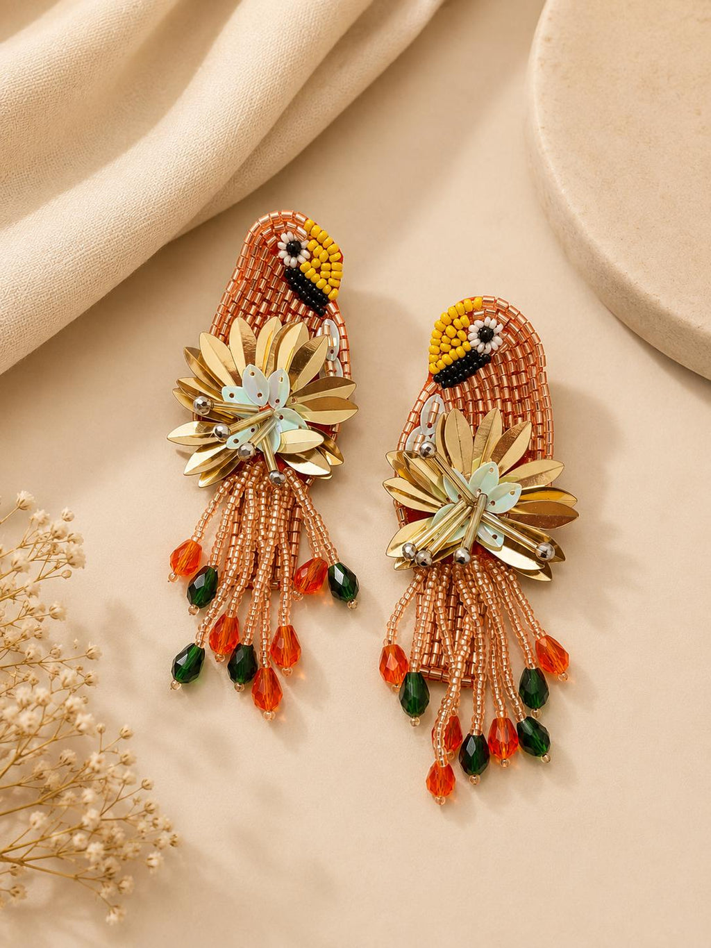 Handmade Beaded Parrot Earrings, Colourful Floral Boho Statement Jewellery, sequin earrings