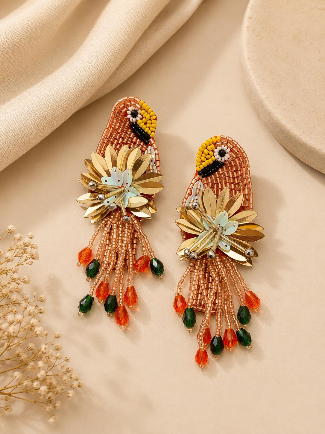 Handmade Beaded Parrot Earrings, Colourful Floral Boho Statement Jewellery, sequin earrings