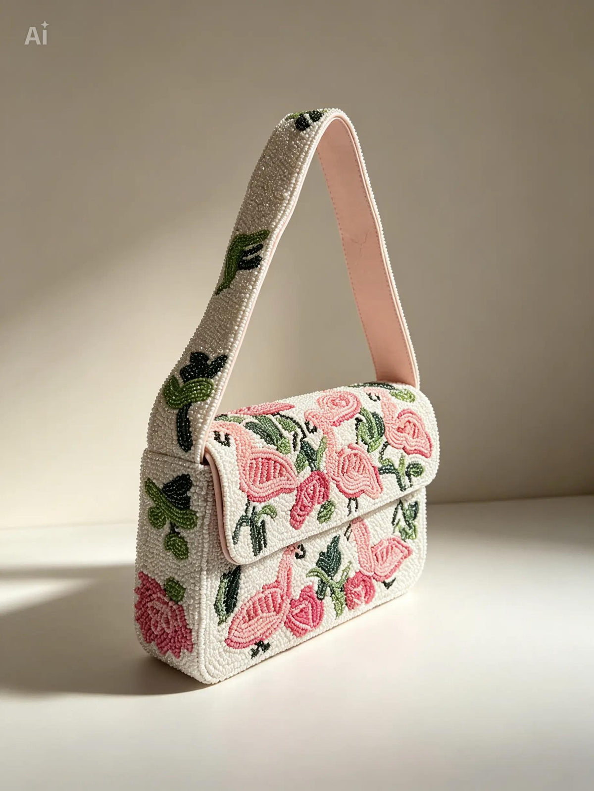 Handmade Beaded Flamingo Shoulder Bag | Tropical Leaves Purse, Summer Beach Accessory