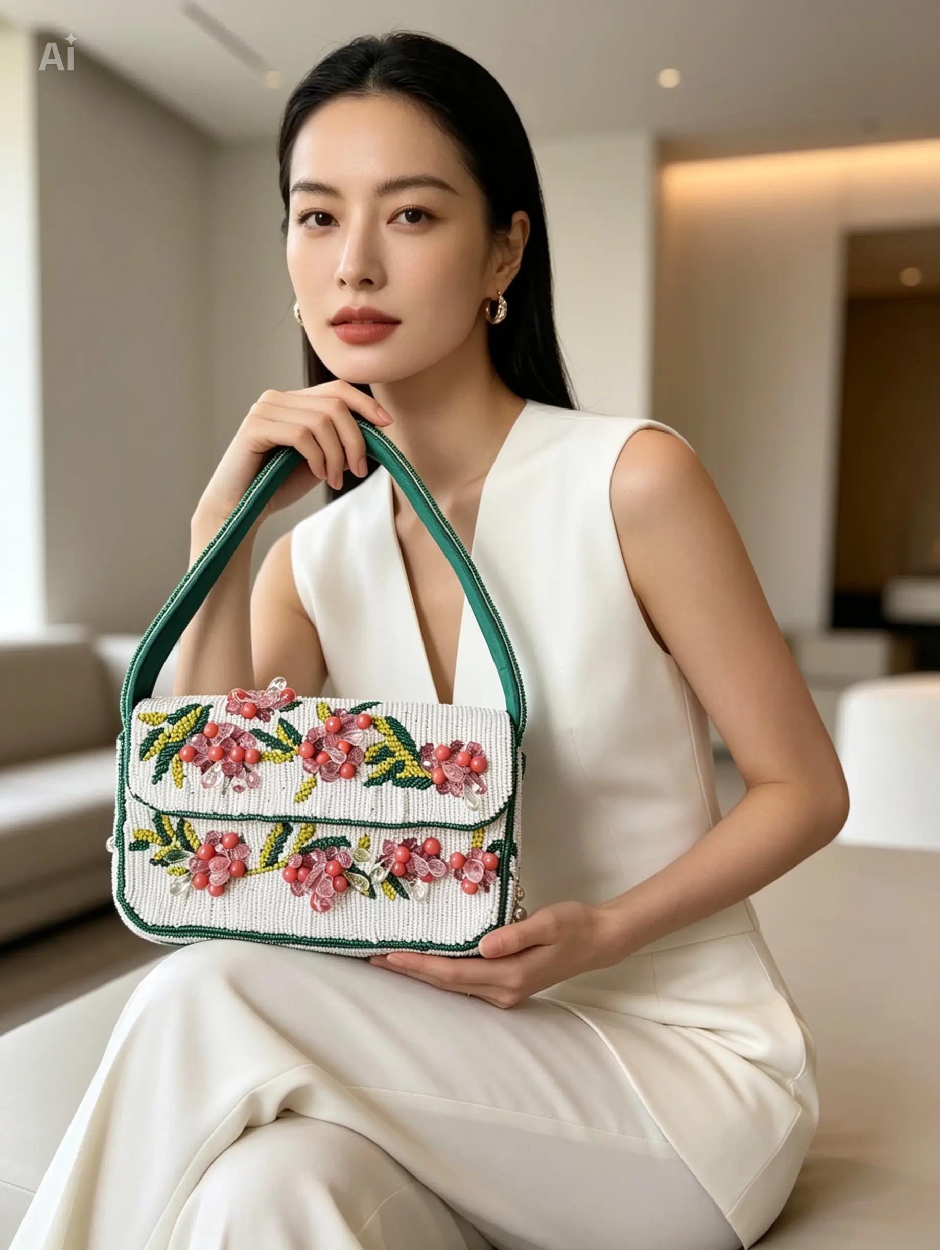 Handmade White Seed Bead Floral Bag, Pink Crystal Flower Shoulder Handbag