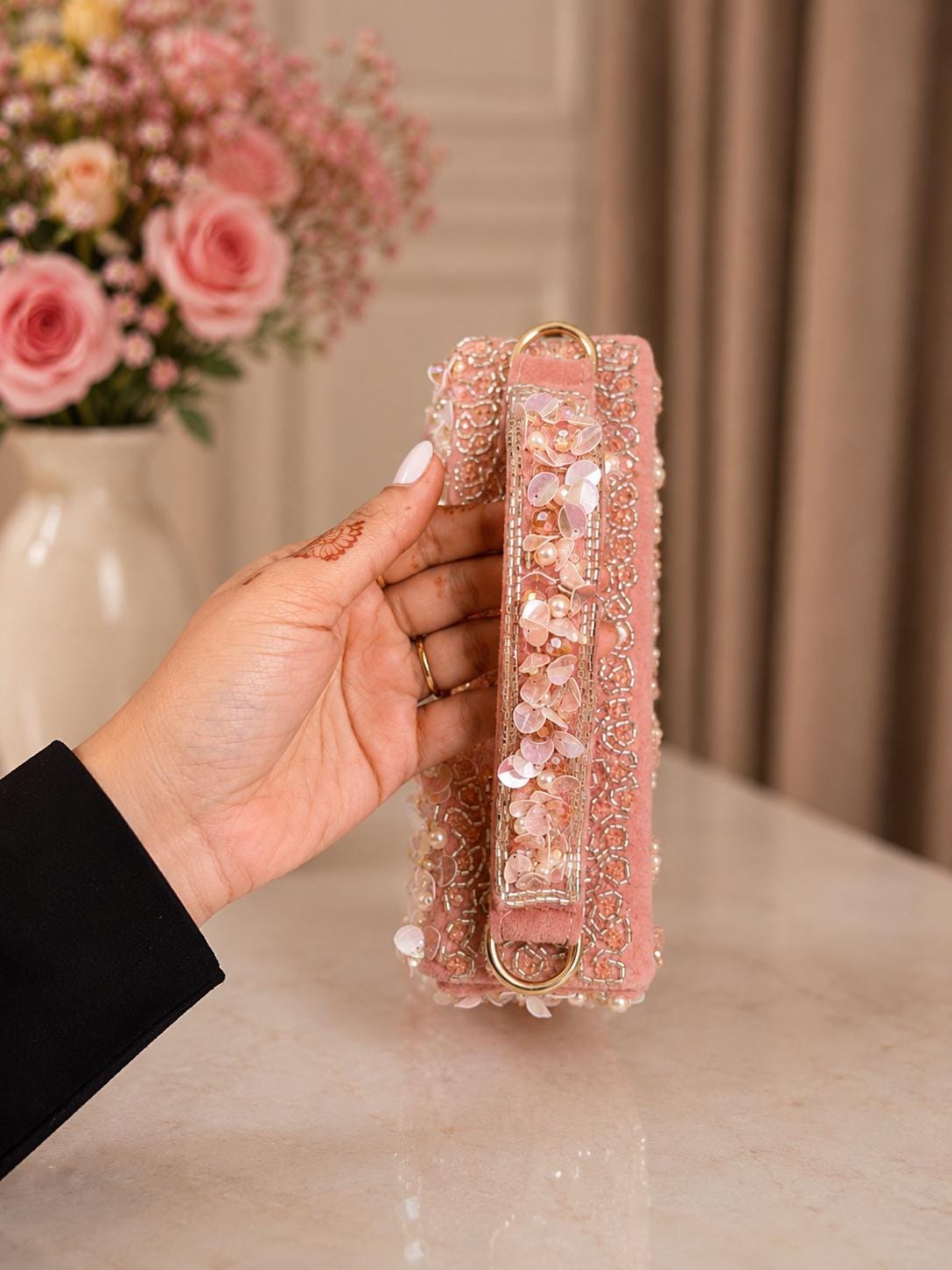 Blush Pink Beaded Pearl Fringe Clutch Bag, Floral Bridal Evening Purse