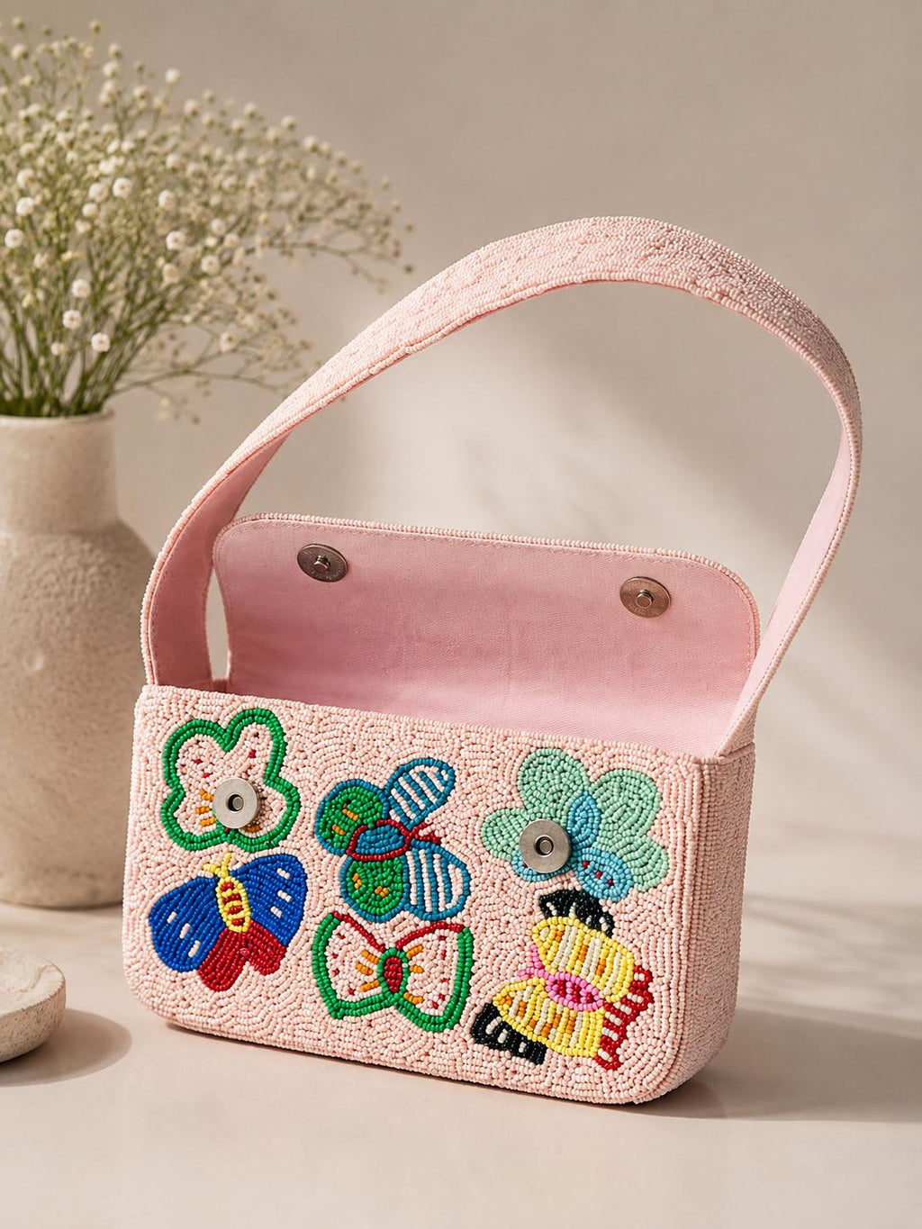Handmade Pink Beaded Butterfly Shoulder Bag | Artisan Seed Bead Handbag | gift for her