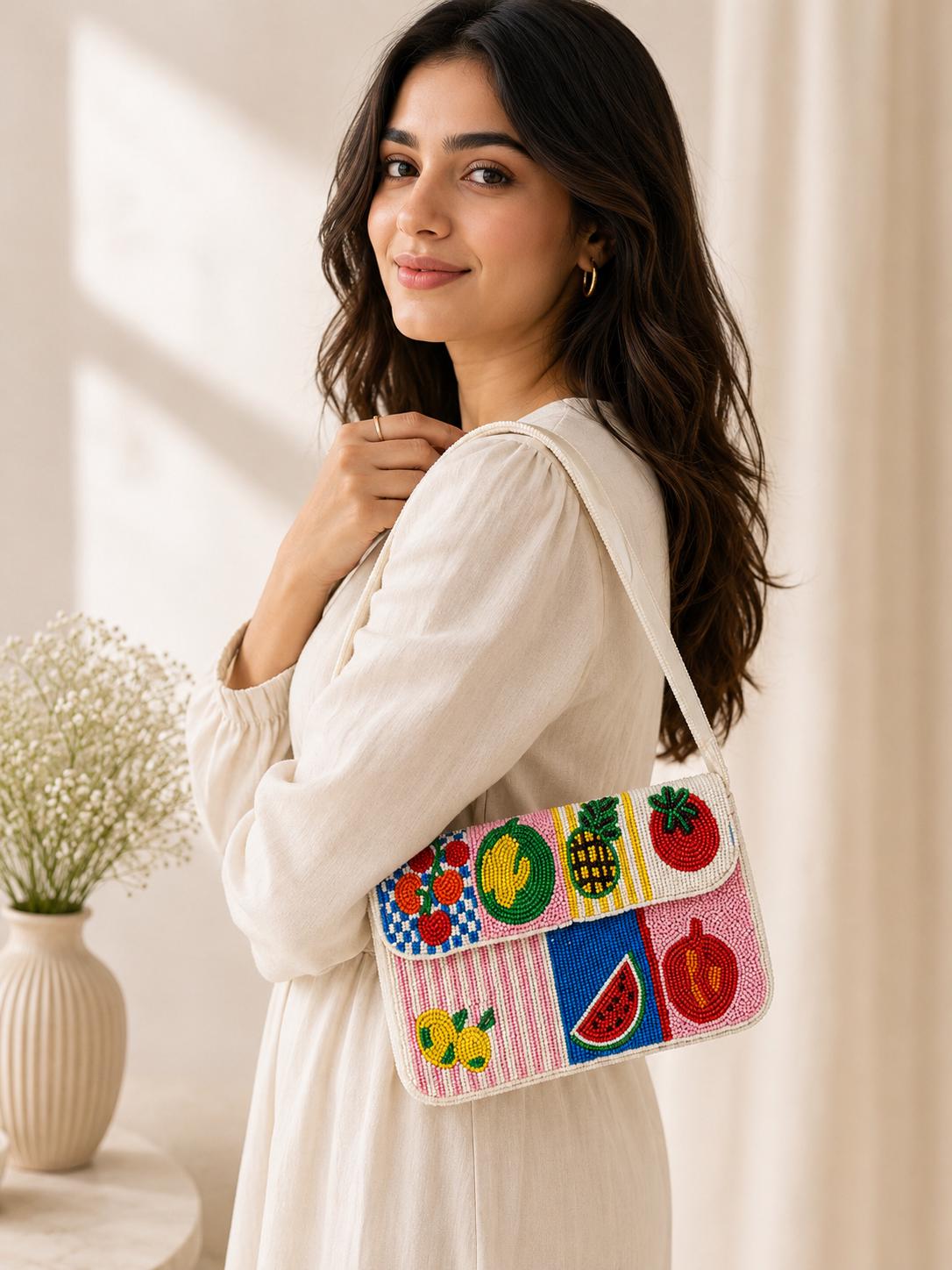 Handmade Beaded Fruit Veggie Shoulder Bag, Colorful Summer Purse