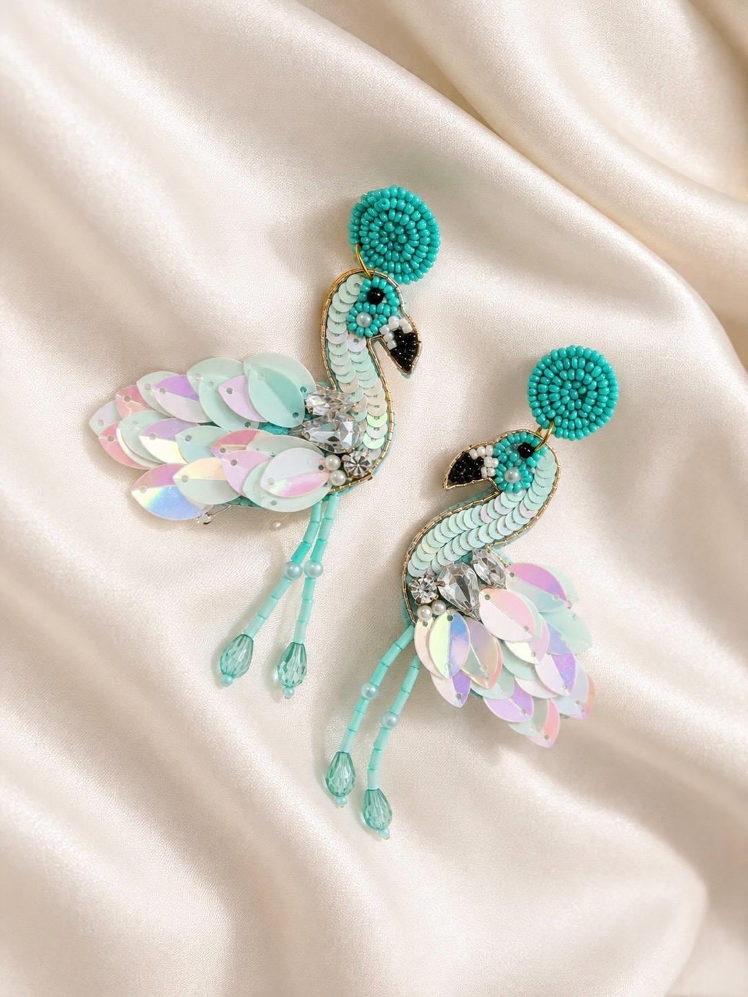 Handmade Beaded Flamingo Statement Earrings | Colorful Sequin Tropical Bird Jewelry