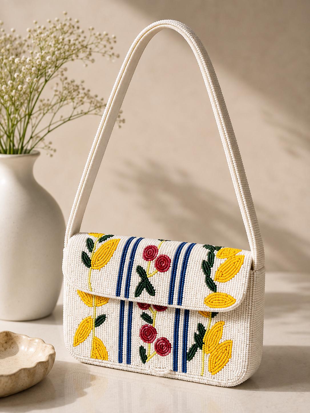 White Beaded Shoulder Bag | Floral Cherry Seed Bead Handbag | Artisan Evening Purse