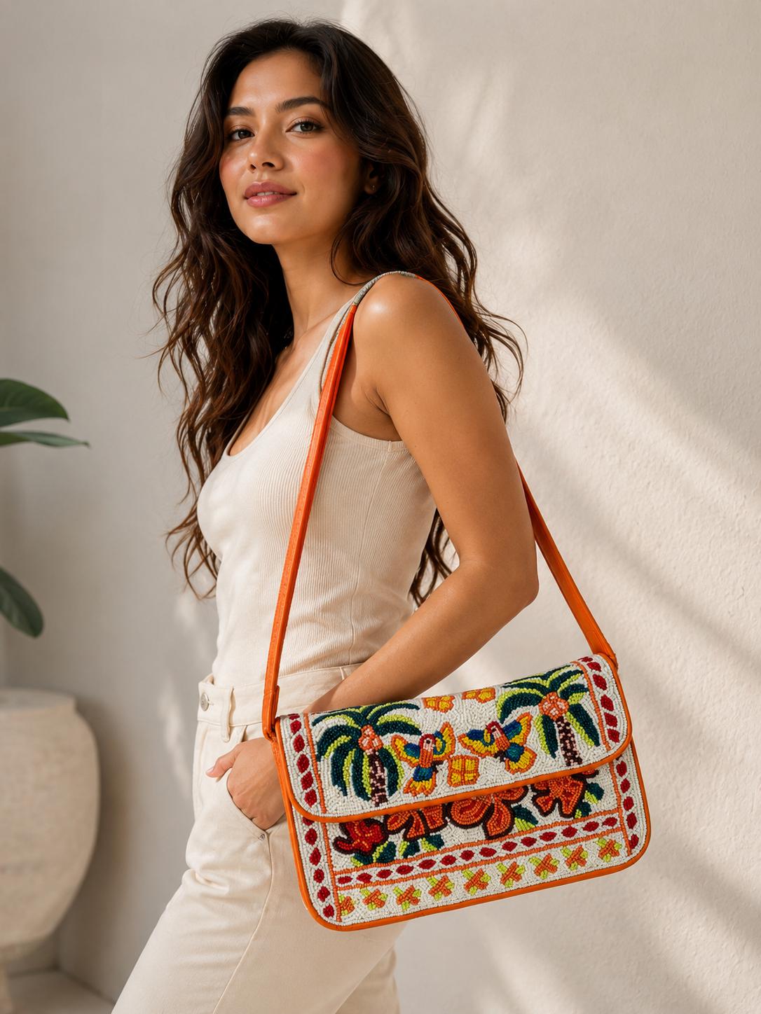 Beaded Tropical Birds Shoulder Bag | Colorful Boho Artisan Purse