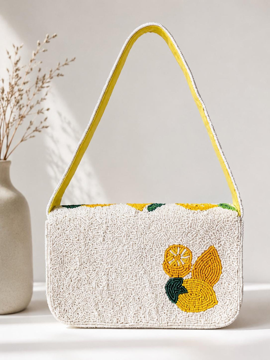 Handmade Lemon Beaded Shoulder Bag | Citrus Fruit Purse | White Seed Bead Handbag