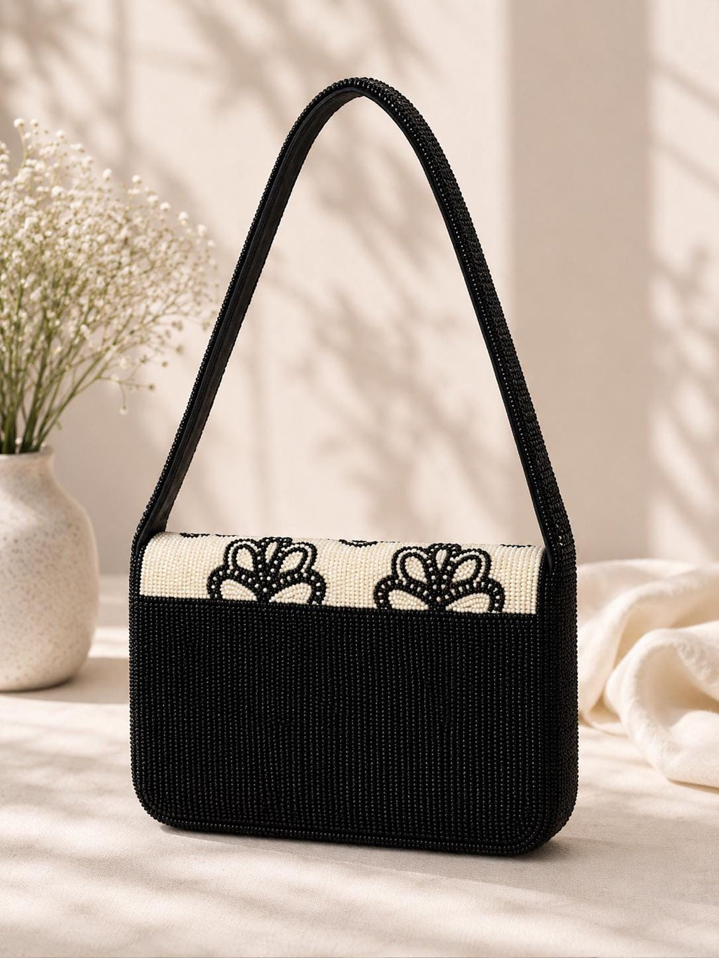 Handmade Black Ivory Floral Beaded Shoulder Bag – Elegant Evening Purse