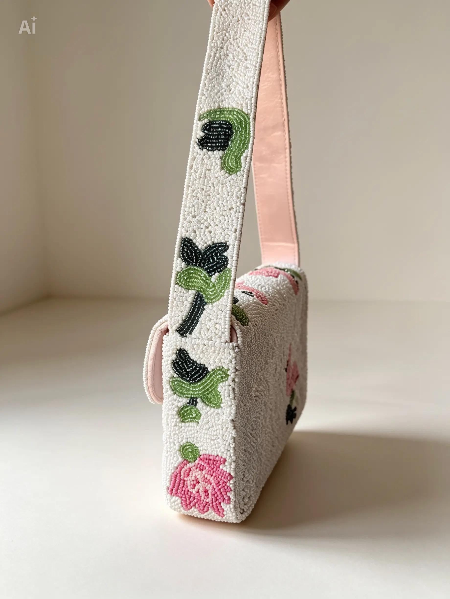 Handmade Beaded Flamingo Shoulder Bag | Tropical Leaves Purse, Summer Beach Accessory