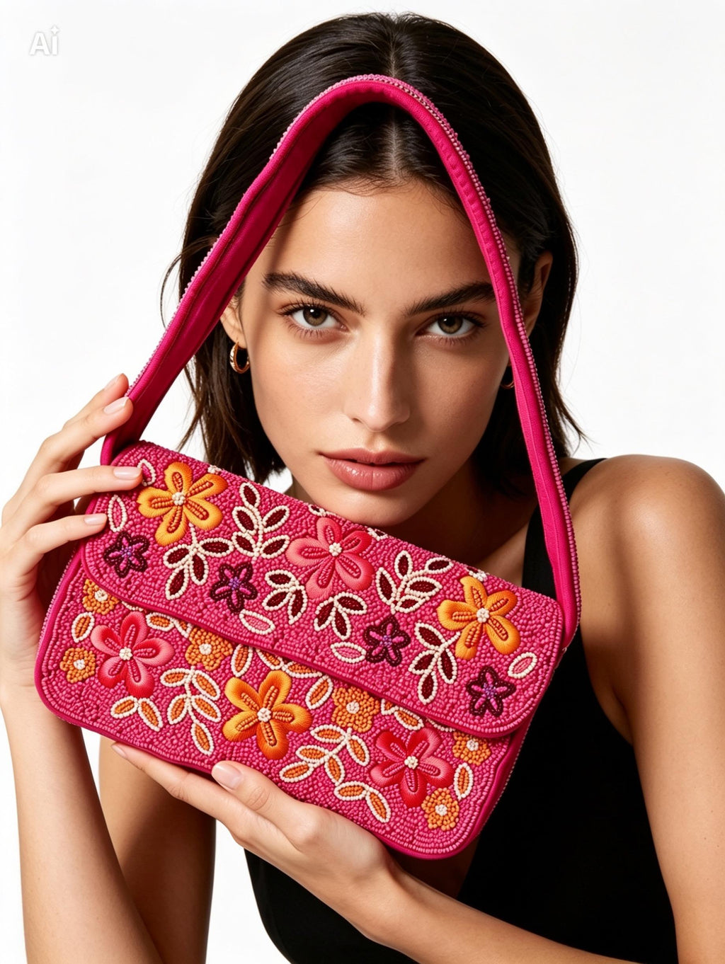 Handmade Beaded Floral Shoulder Bag, Hot Pink Y2K Statement Purse