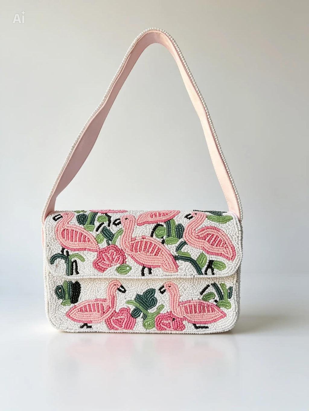 Handmade Beaded Flamingo Shoulder Bag | Tropical Leaves Purse, Summer Beach Accessory