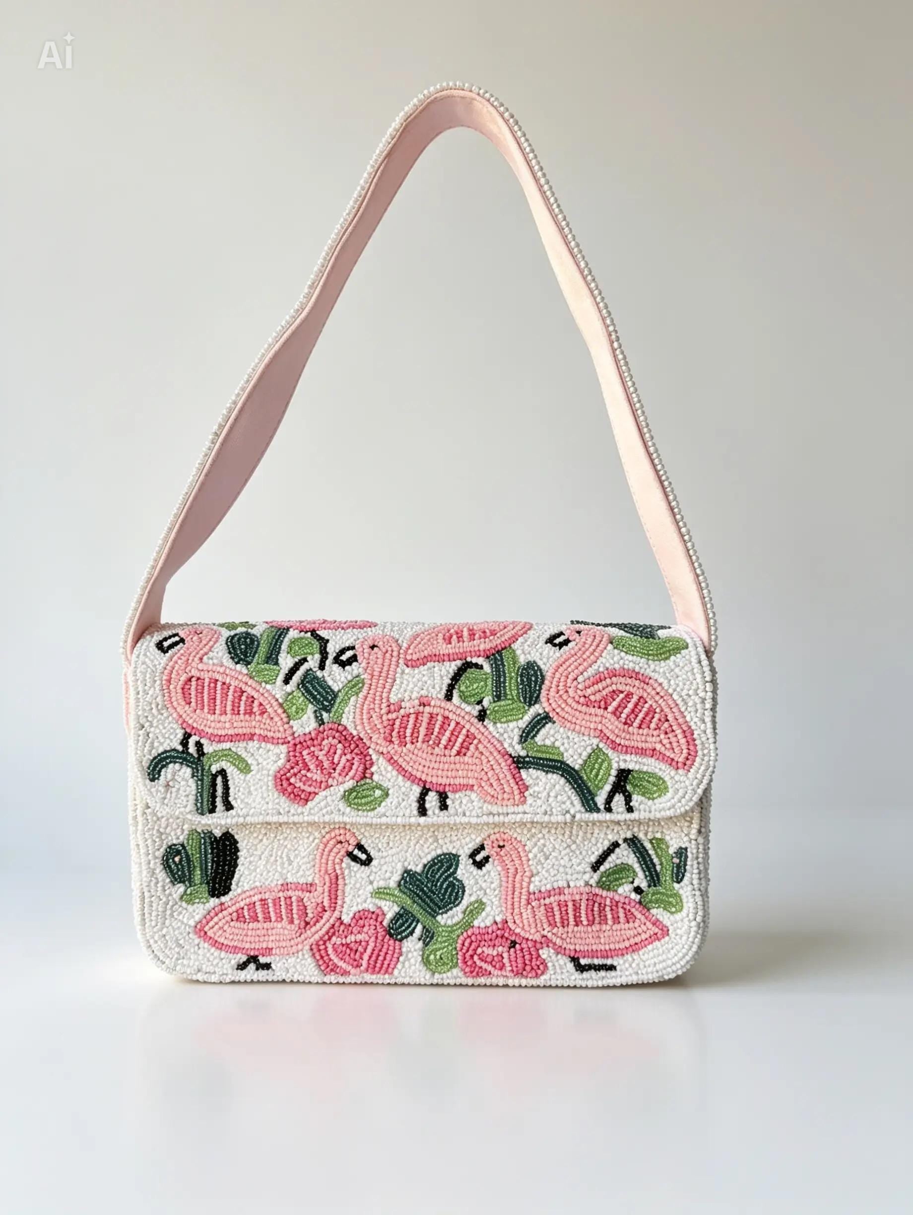 Handmade Beaded Flamingo Shoulder Bag | Tropical Leaves Purse, Summer Beach Accessory