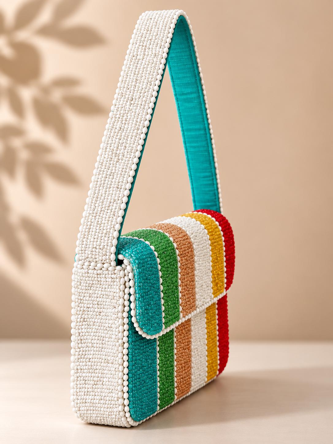 Handmade Rainbow Beaded Shoulder Bag | Color Block Seed Bead Purse | Colorful Y2K Statement Handbag