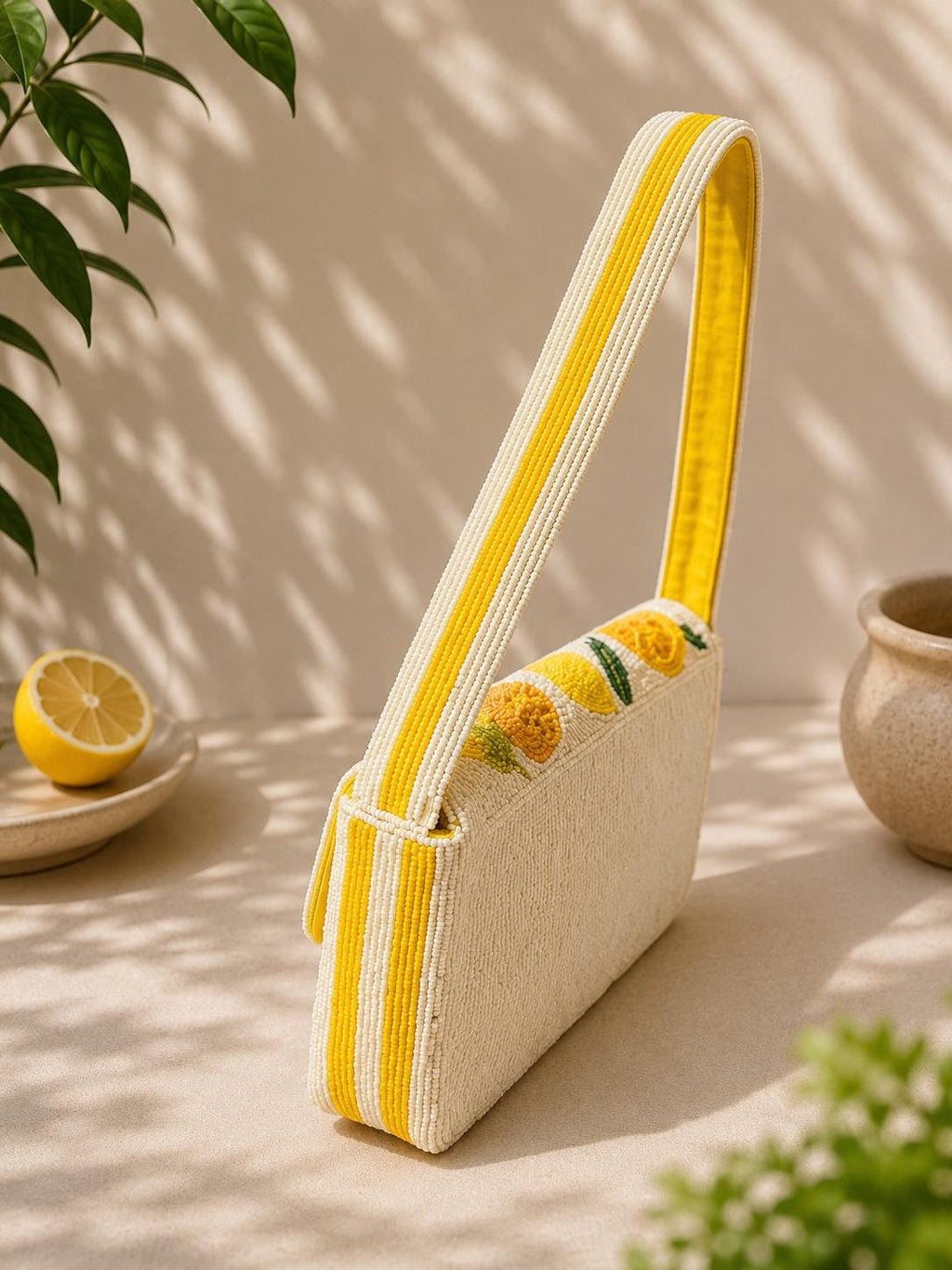 Handmade Lemon Beaded Shoulder Bag, White Seed Bead Citrus Purse, Summer Vacation Statement Bag