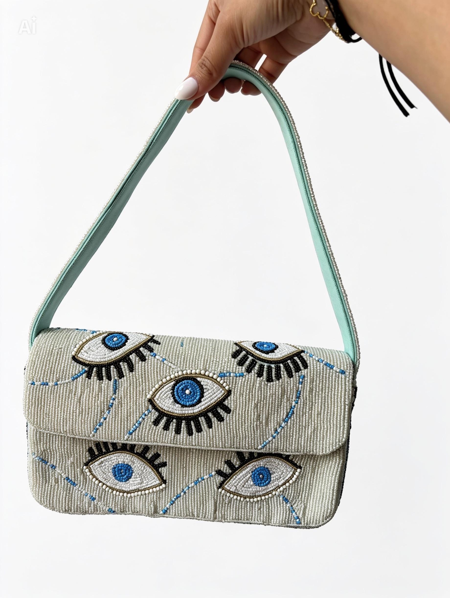 Handmade Evil Eye Beaded Shoulder Bag | Bohemian Blue Eye Purse Accessory