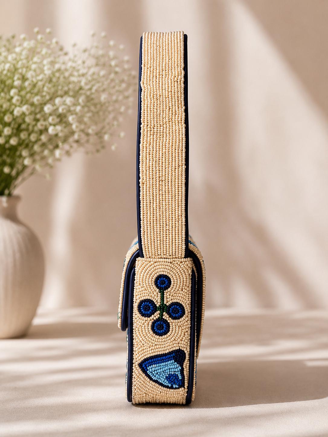 Handmade Beaded Bow Shoulder Bag – Blue Floral Cream Purse