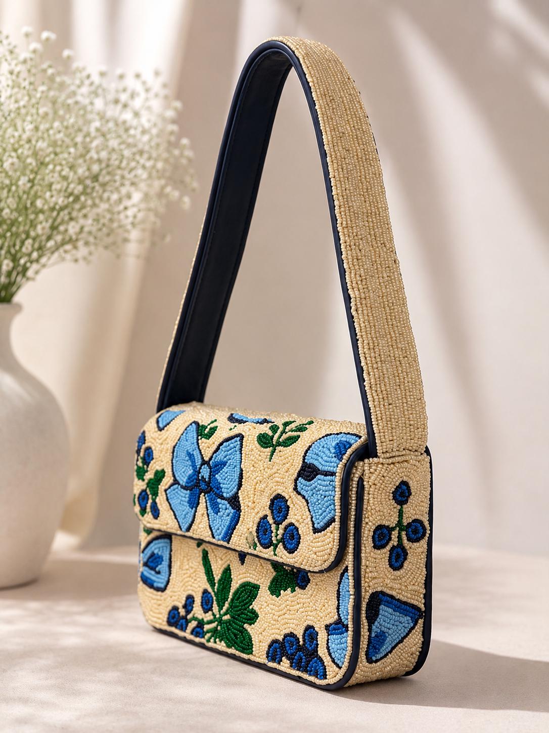 Handmade Beaded Bow Shoulder Bag – Blue Floral Cream Purse