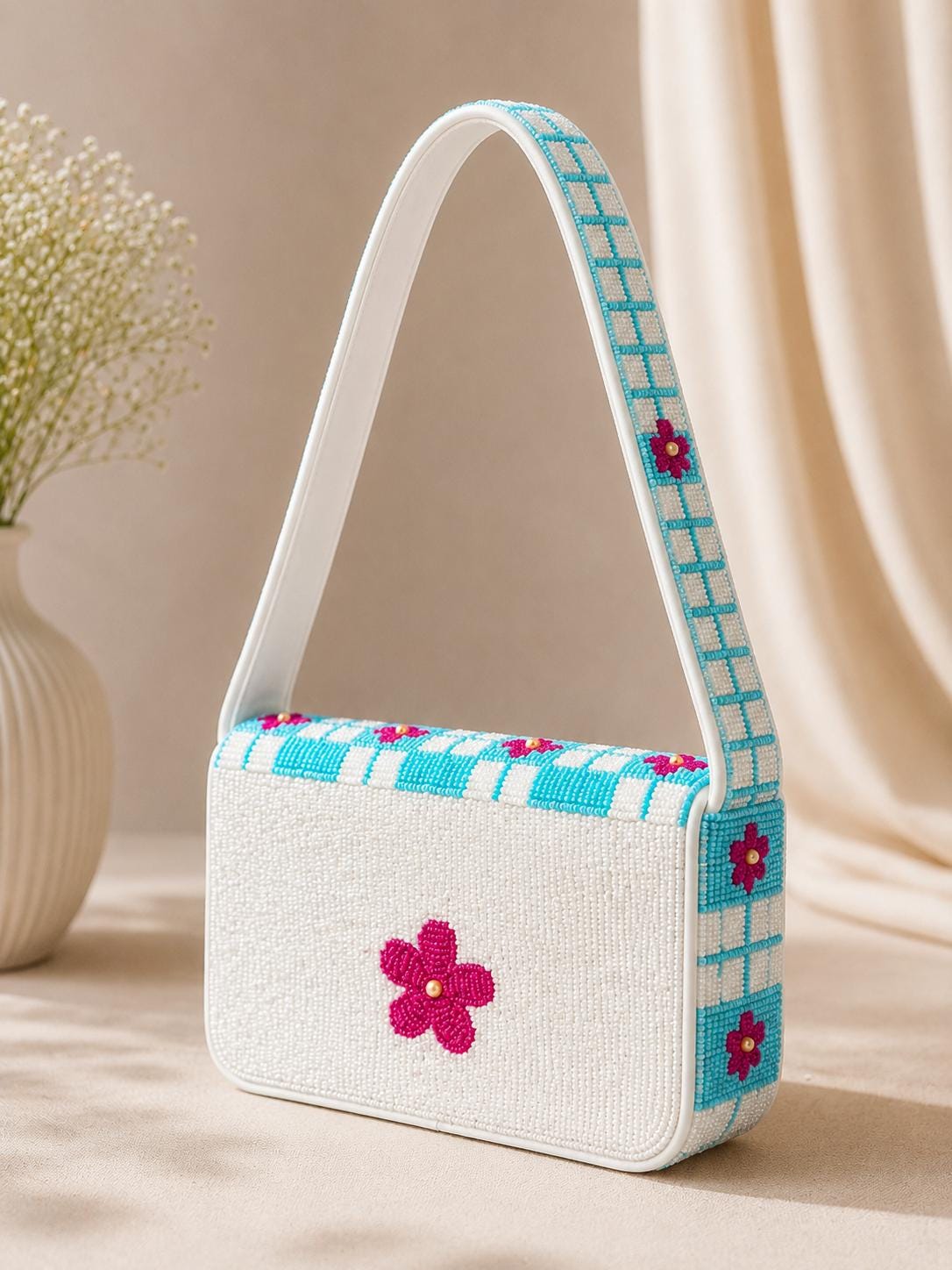 Handmade Beaded Shoulder Bag, Turquoise Checkered Floral Purse, Pink Flower Handbag