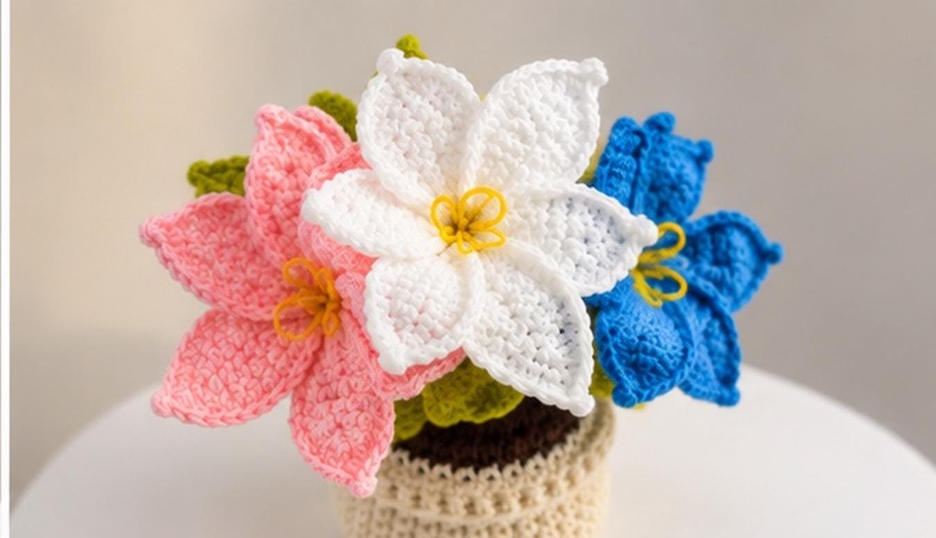 Handmade Crochet Flower Pot, Colourful Everlasting Floral Decor, Home Desk Accent